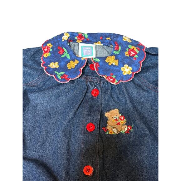 VTG Little Me Denim Romper 12M Floral Collar Teddy Bear 90s Baby Girl Outfit - Picture 3 of 6